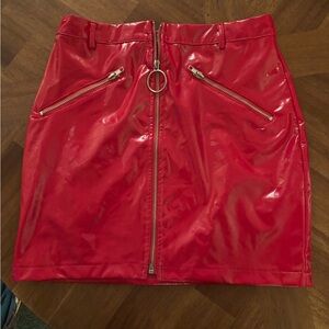 Red Faux Leather Zip-Front Mini Skirt